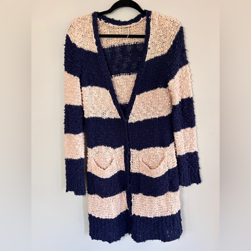 FREE PEOPLE Rugby Striped Chunky Bouclé Knit Long Cardigan Boho Cottage Size M - Picture 3 of 15